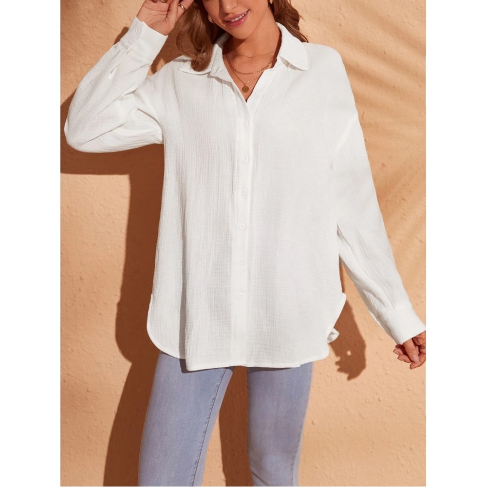 Cotton White Casual Shirt  Button Down Up Long Sleeve - Picture 3 of 9